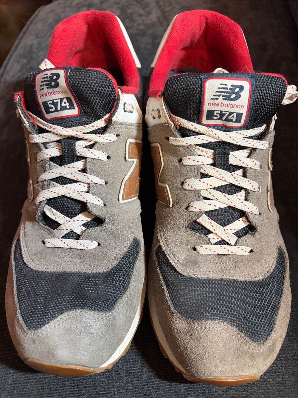 New Balance 574 Sneakers in Gray, Black and Red with Brown Accents